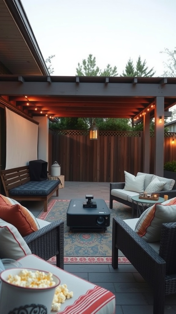Cozy outdoor movie night setup with projector, seating, and popcorn.
