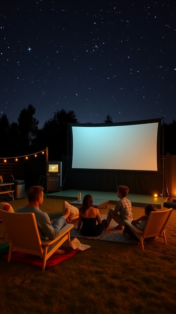 Outdoor movie night setup with guests enjoying a film under the stars.