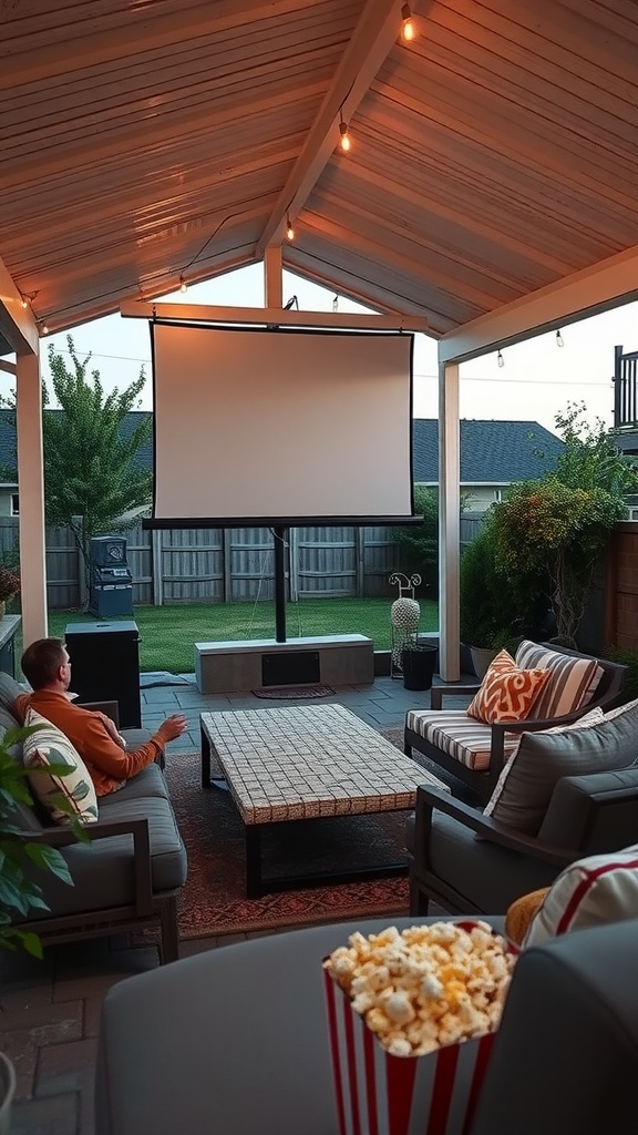 Cozy outdoor movie night setup with a large screen, comfortable seating, and popcorn.