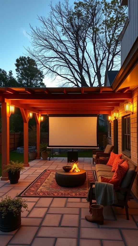 Cozy outdoor movie setup with a fire pit, comfortable seating, and a large screen on a covered patio.