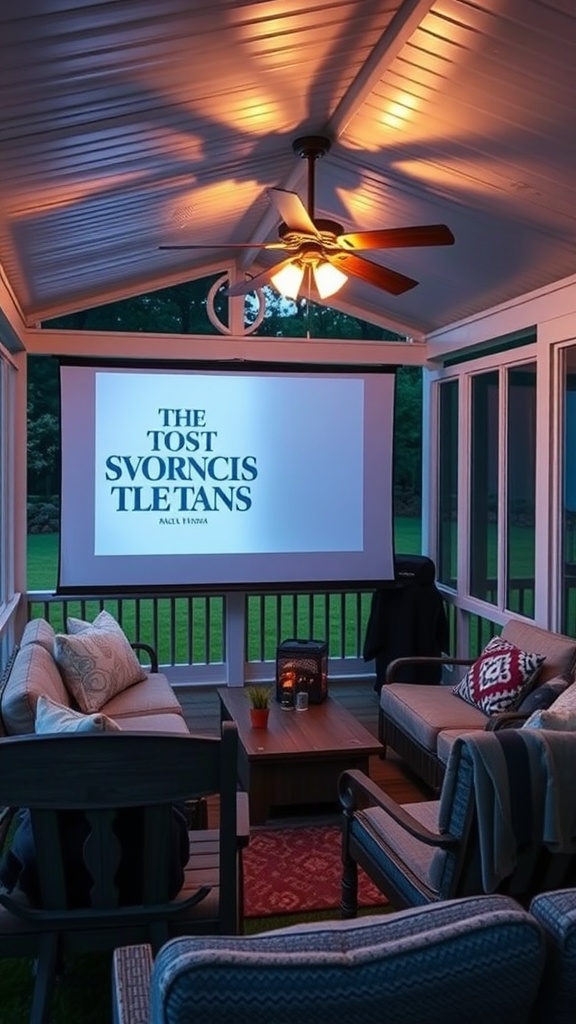Cozy screened-in porch designed for outdoor movie viewing with comfortable seating and a projector screen.