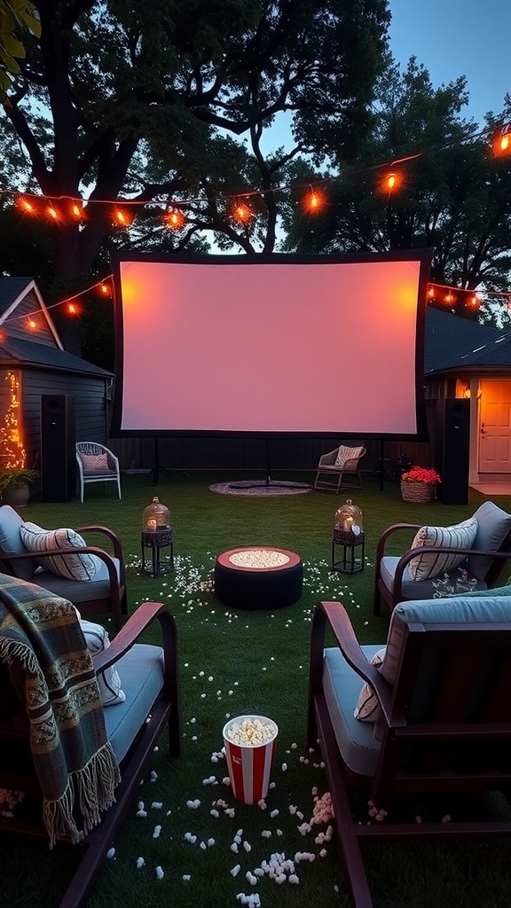 Outdoor movie theater setup with a large screen, cozy seating, and popcorn.