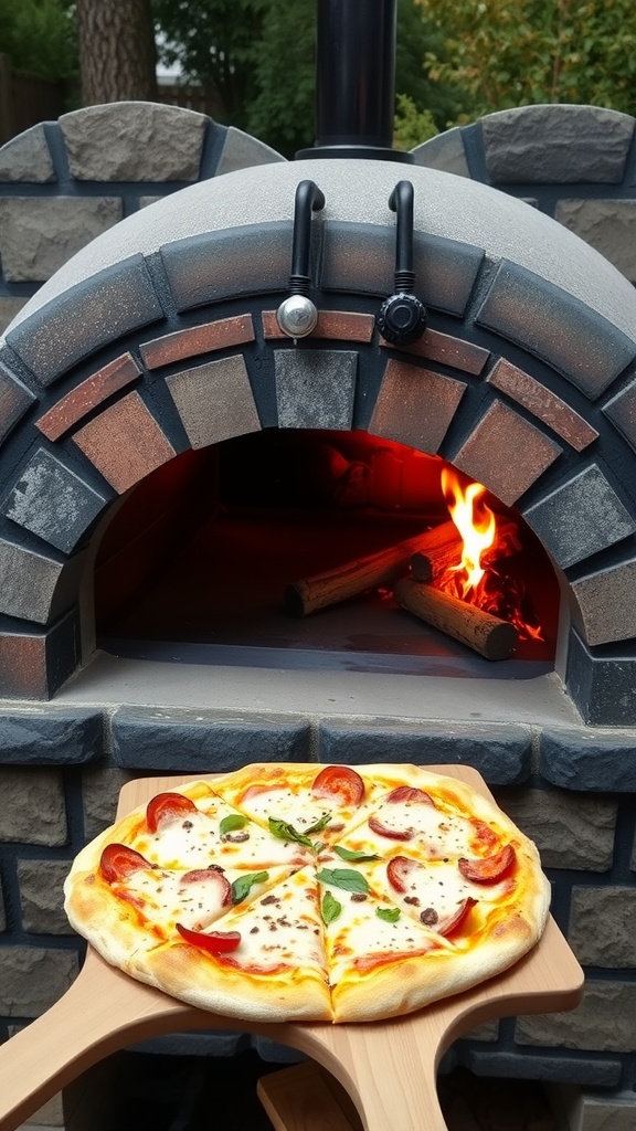 Outdoor pizza oven with a freshly baked pizza in front