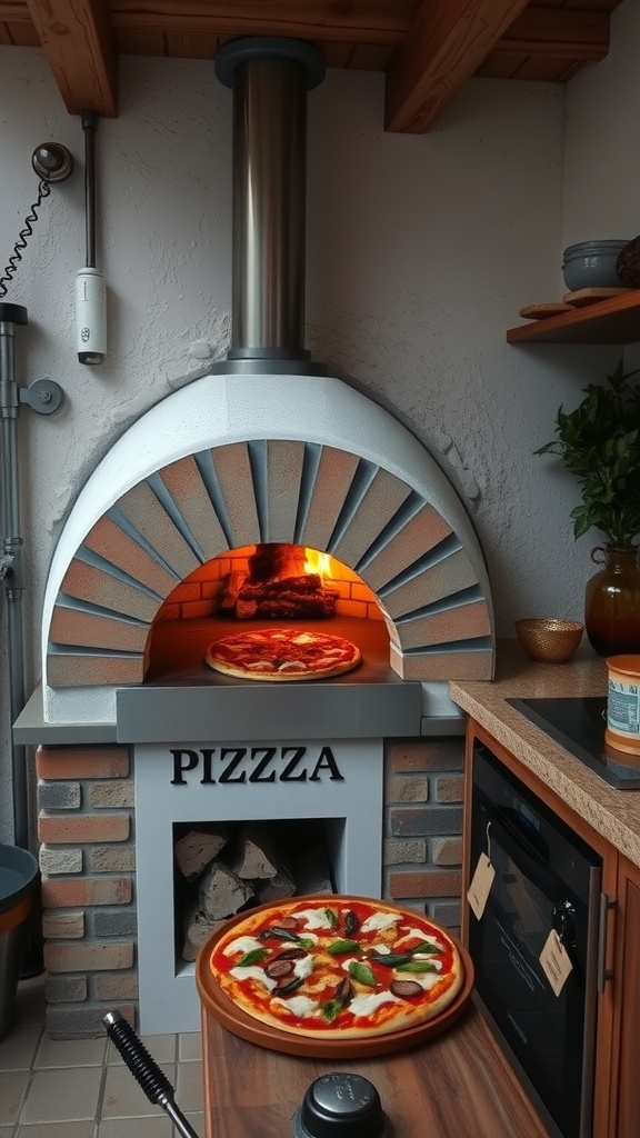 An outdoor pizza oven with pizzas being prepared