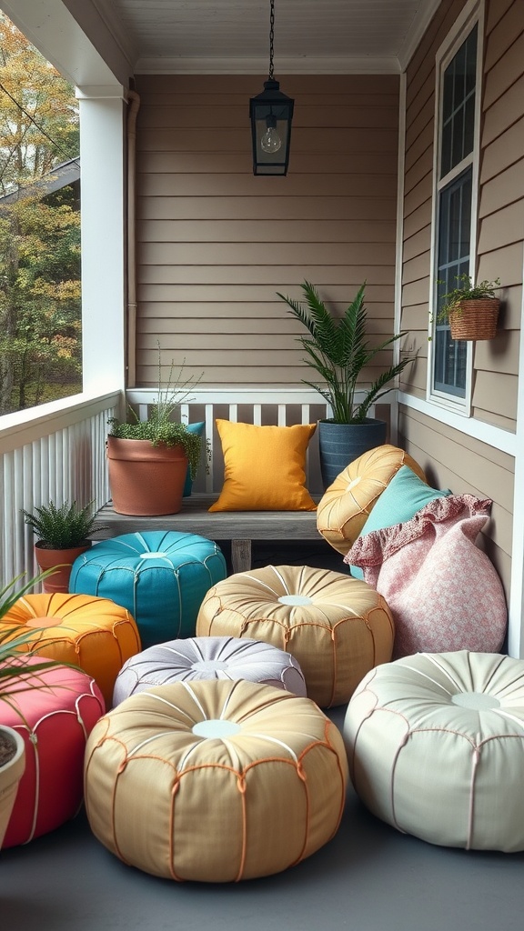 Colorful outdoor poufs arranged on a porch with plants and cushions.