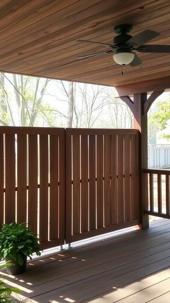 A wooden outdoor privacy screen on a deck, surrounded by a potted plant and a ceiling fan above.