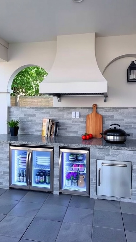 Outdoor kitchen featuring refrigeration units and prep space