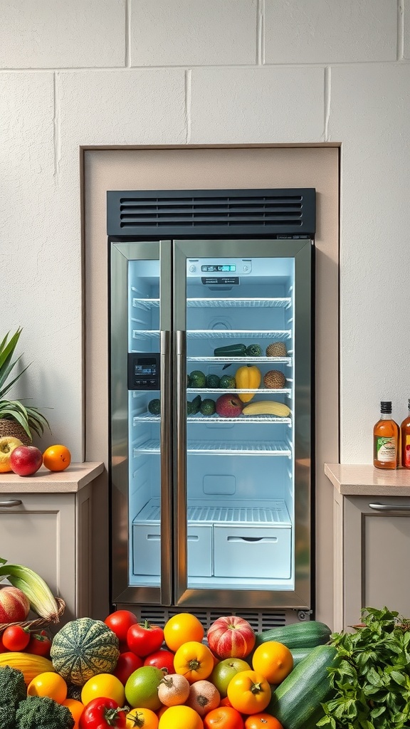 An outdoor kitchen refrigerator surrounded by colorful fresh vegetables and fruits