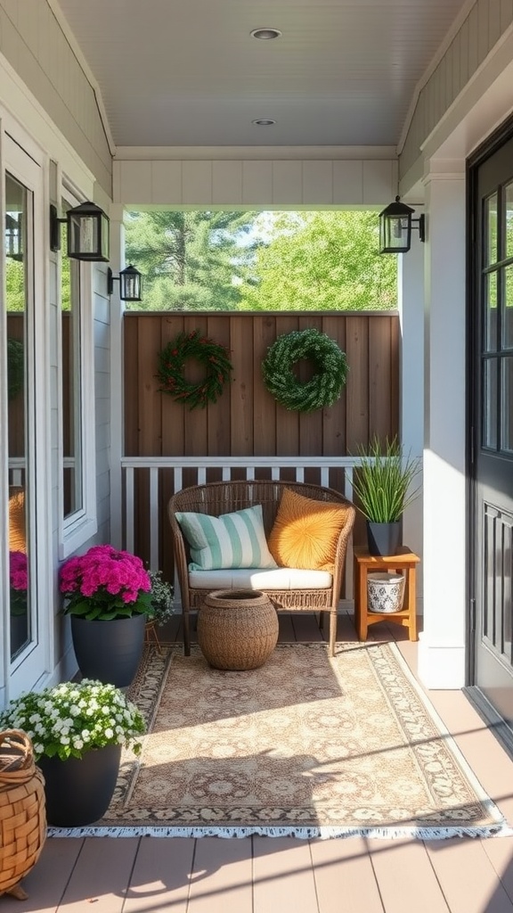 A small back porch with a rug and colorful pillows, featuring plants and a cozy chair.