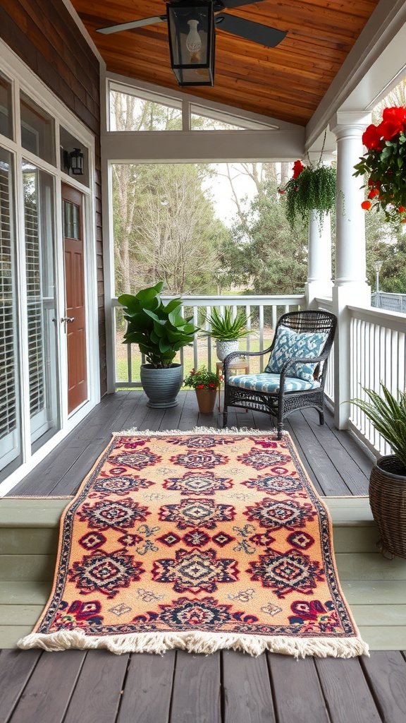 Cozy back porch with an outdoor rug that adds warmth and comfort