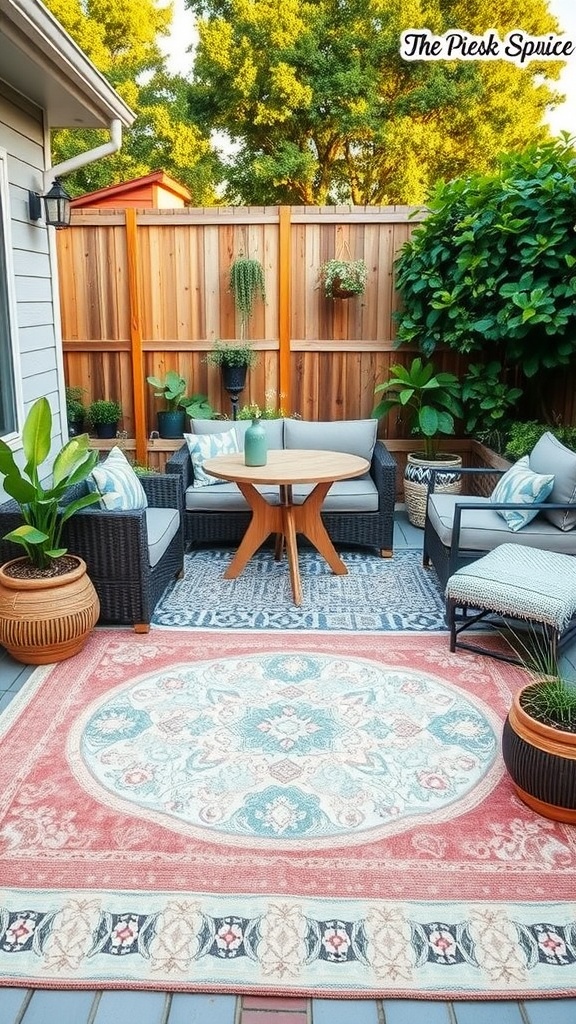 Cozy backyard with a patterned outdoor rug, seating area, and greenery.