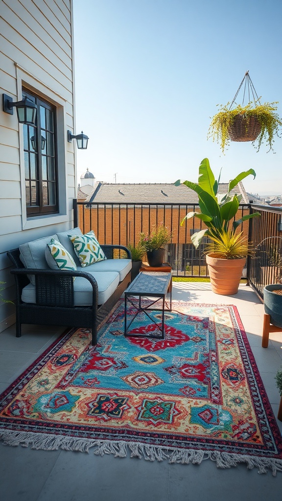 A small back patio with a colorful outdoor rug, a couch, and plants.