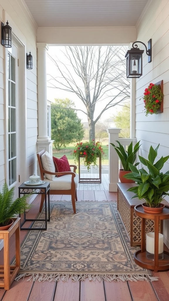 Cozy small porch with an outdoor rug, plants, and comfortable seating.