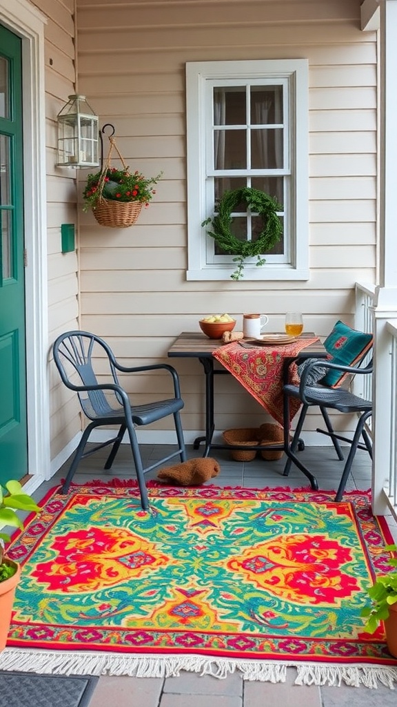 A colorful outdoor rug on a porch with a small table and chairs.