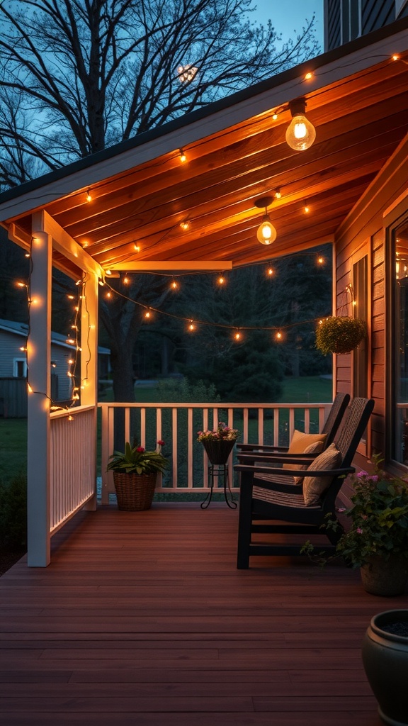 A cozy back porch with string lights illuminating a seating area and plants.