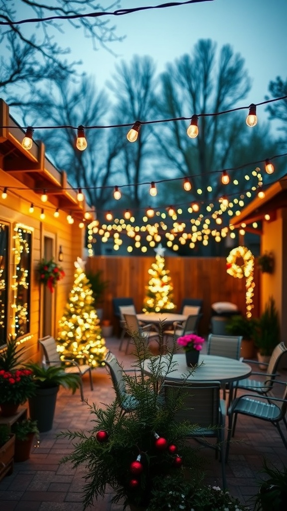 Outdoor string lights illuminating a decorated patio for a festive occasion