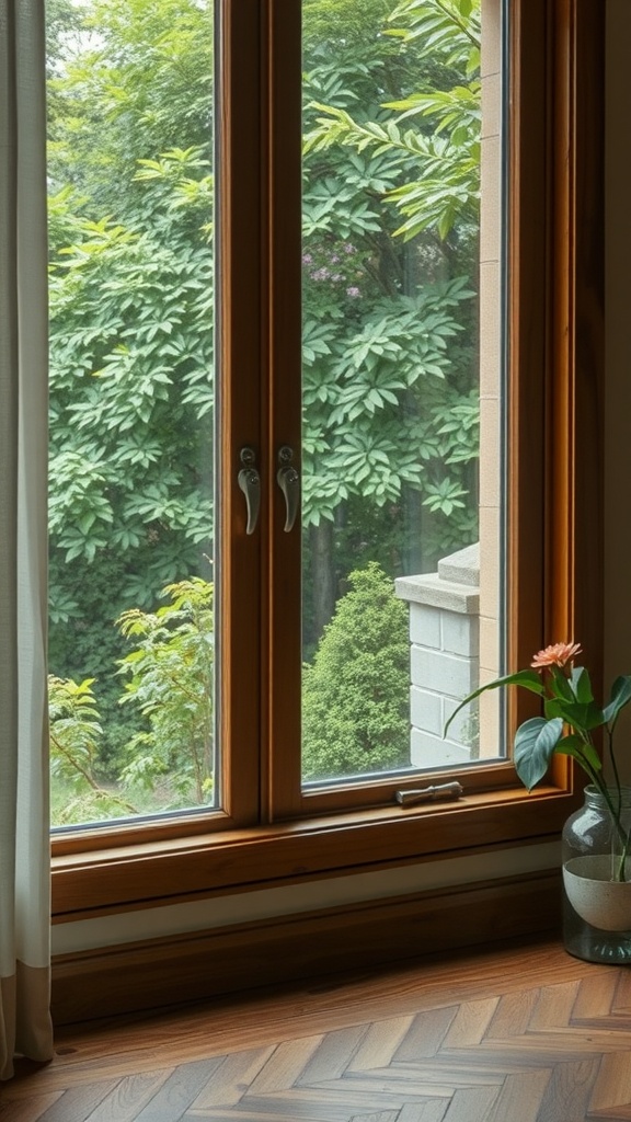 A cozy apartment window with wooden frames showcasing lush greenery outside.