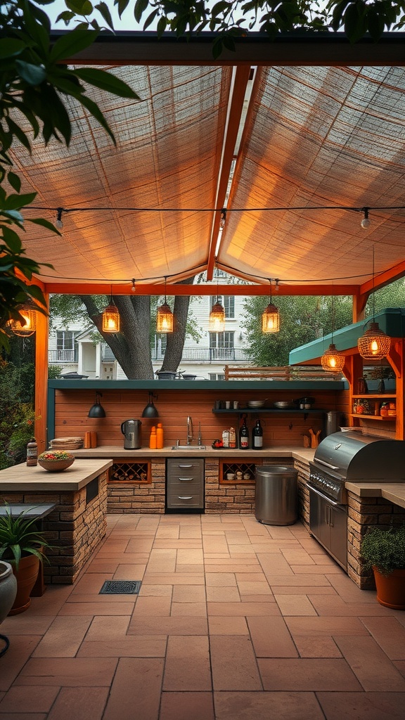 A small outdoor kitchen with a wooden canopy and warm lighting