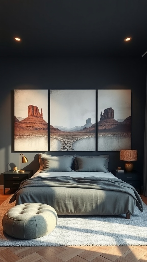 A stylish bedroom featuring an oversized canvas print above the bed.