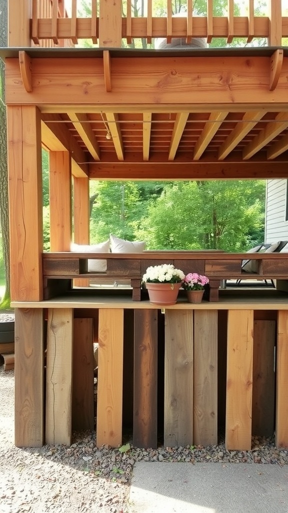 Wooden deck with pallet skirting in various wood tones and a flower pot on top.