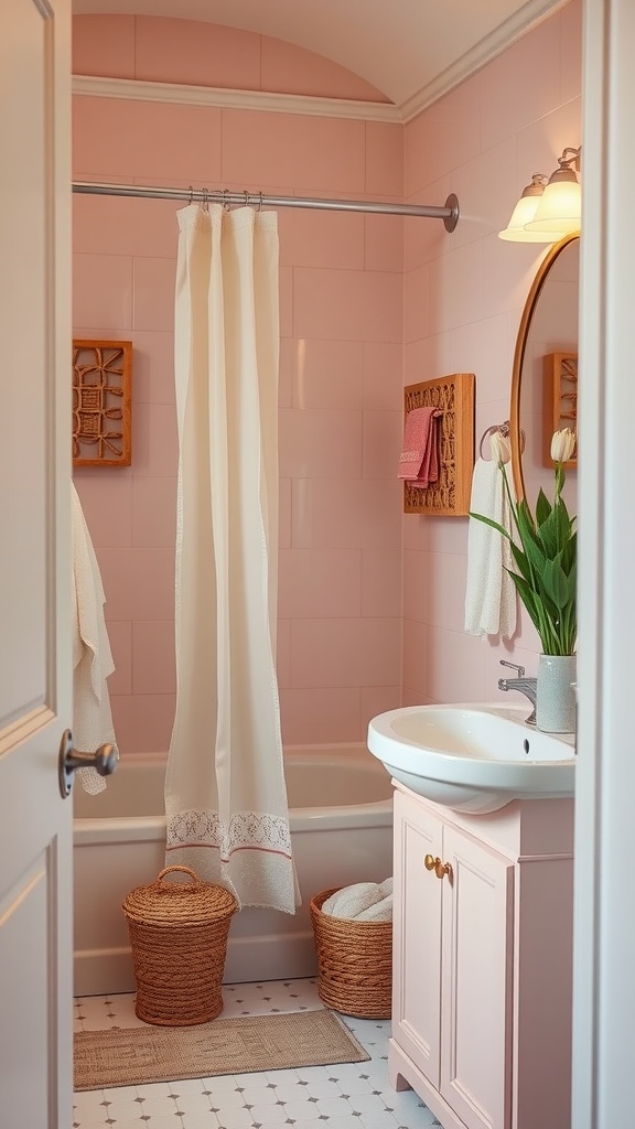 A cozy bathroom featuring a pastel pink color scheme with a shower curtain, mirror, and natural fiber baskets.
