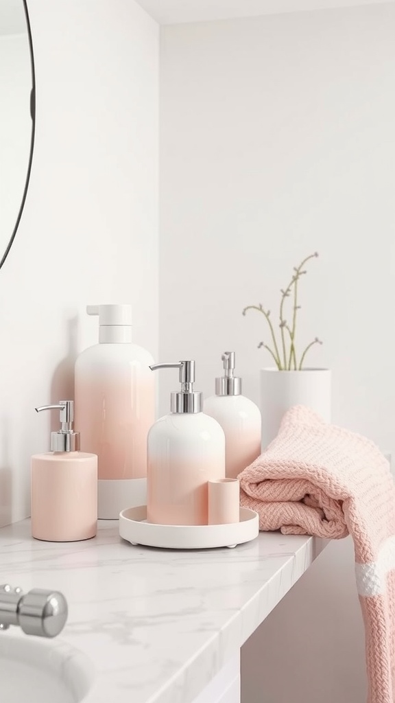A modern pink-themed bathroom with pastel accessories, including soap dispensers and a knitted towel.