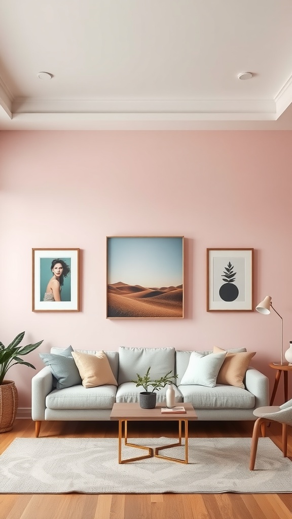 A pastel pink living room with artwork, a light gray sofa, and decorative cushions.