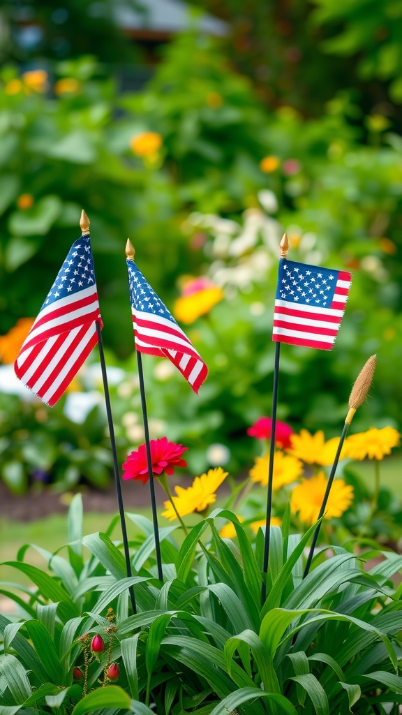 Three small American flags in a garden surrounded by colorful flowers