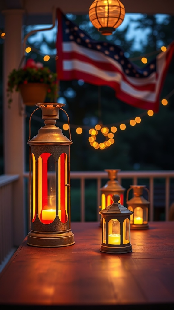 Patriotic lanterns on a porch with candlelight and a flag in the background