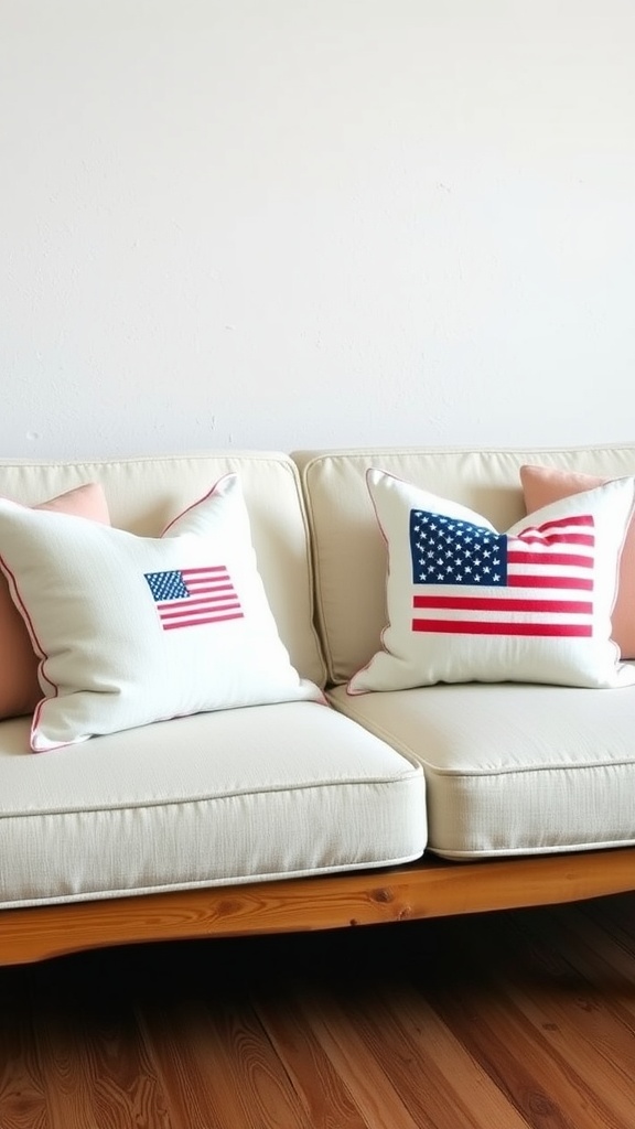 Cozy couch with two patriotic pillows featuring the American flag