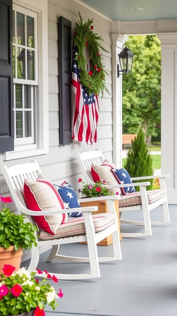 Two white rocking chairs with red and blue cushions on a porch, decorated with an American flag and flowers
