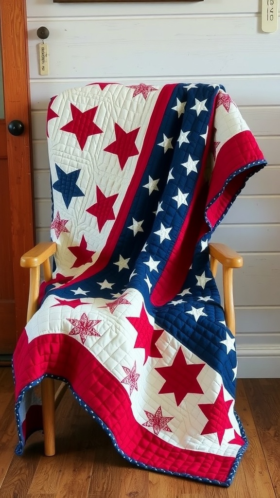 A patriotic quilt with red, white, and blue stars displayed on a wooden chair.
