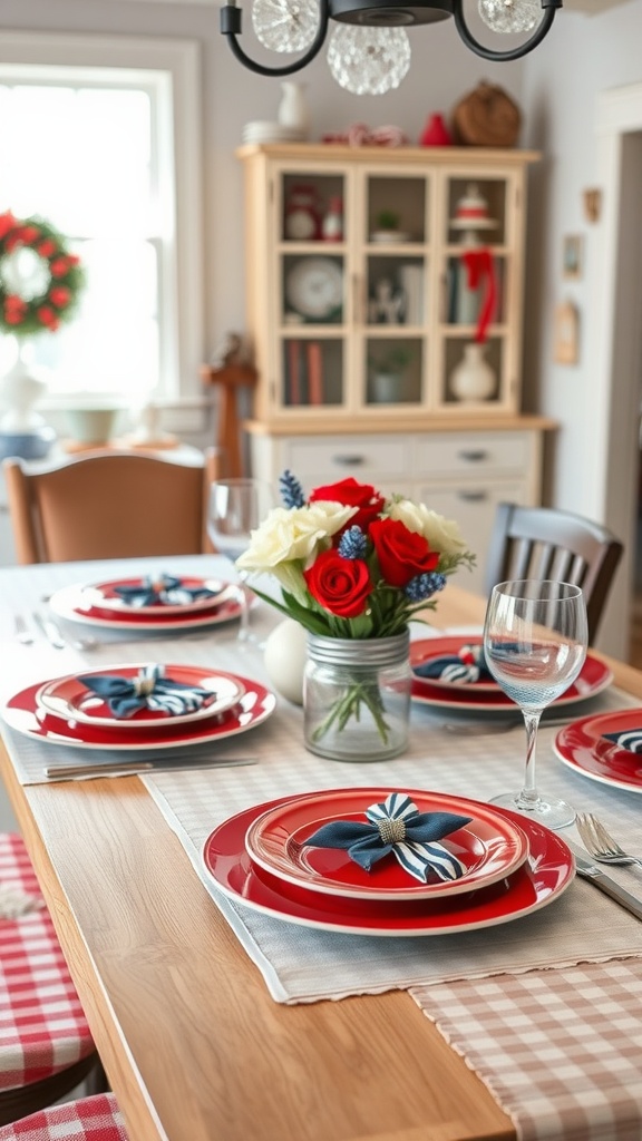 A farmhouse table set with red plates, striped napkins, and a floral centerpiece in a mason jar.