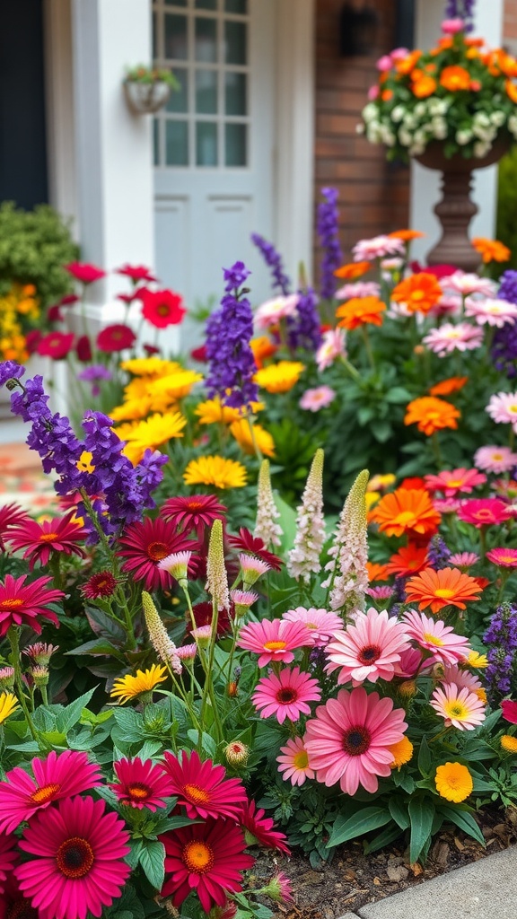 Colorful flower garden with pink, yellow, and purple flowers near a front door.