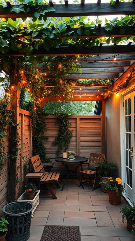 A small patio featuring a wooden pergola covered in climbing vines, illuminated by string lights, with a table and chairs underneath.