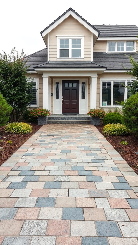 Front yard with permeable paving leading to a house, surrounded by plants and flowers.