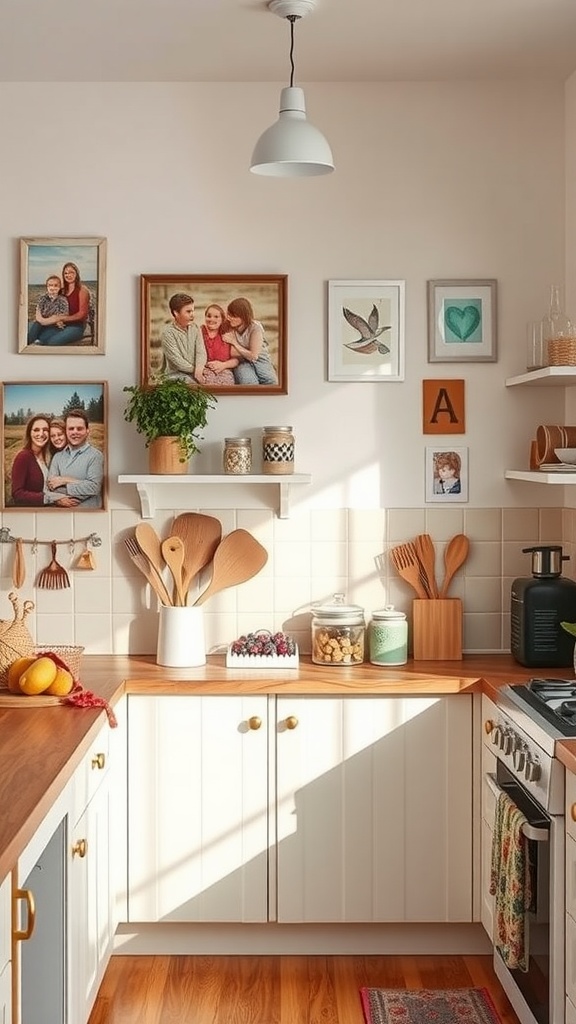 A cozy kitchen with family photos on the wall and wooden utensils on the counter.