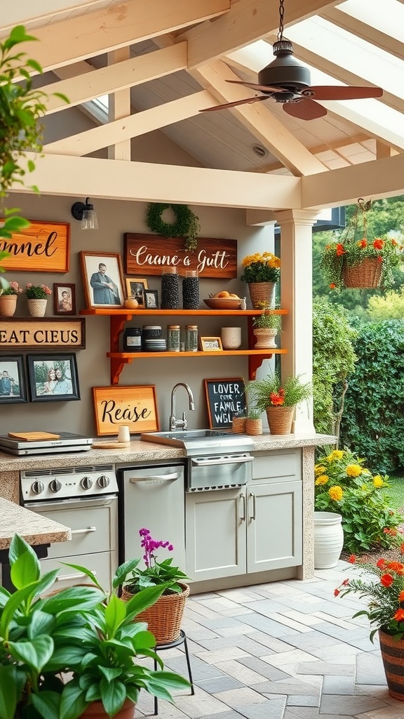 A charming outdoor kitchen with wooden shelves, potted plants, and cozy decorative signs.