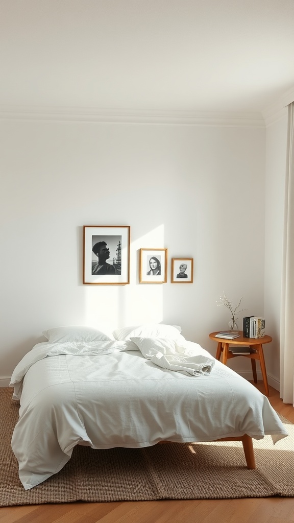 A modern minimal bedroom featuring a bed with white linens, framed photographs on the wall, and a side table with a book and a small vase.