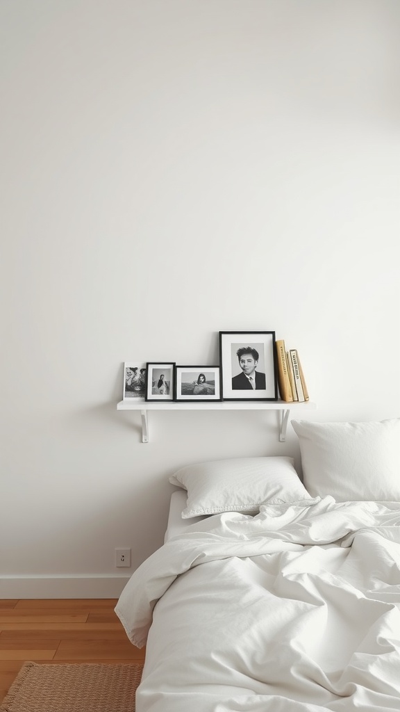 A minimalist bedroom with a cozy bed and a shelf displaying framed photos and books.