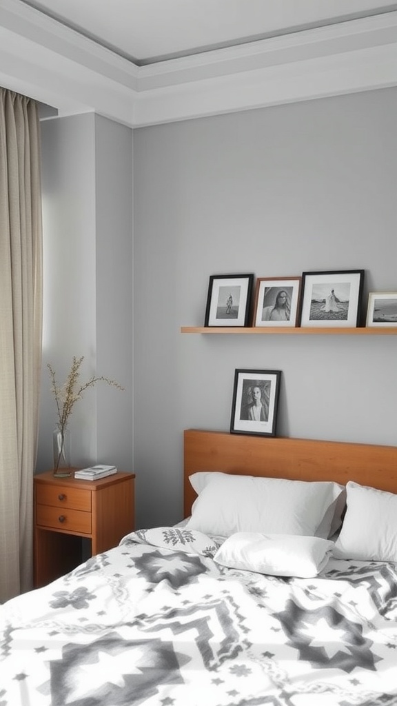 A minimalist bedroom featuring a bed with patterned bedding, framed photos on a shelf, and a wooden nightstand.