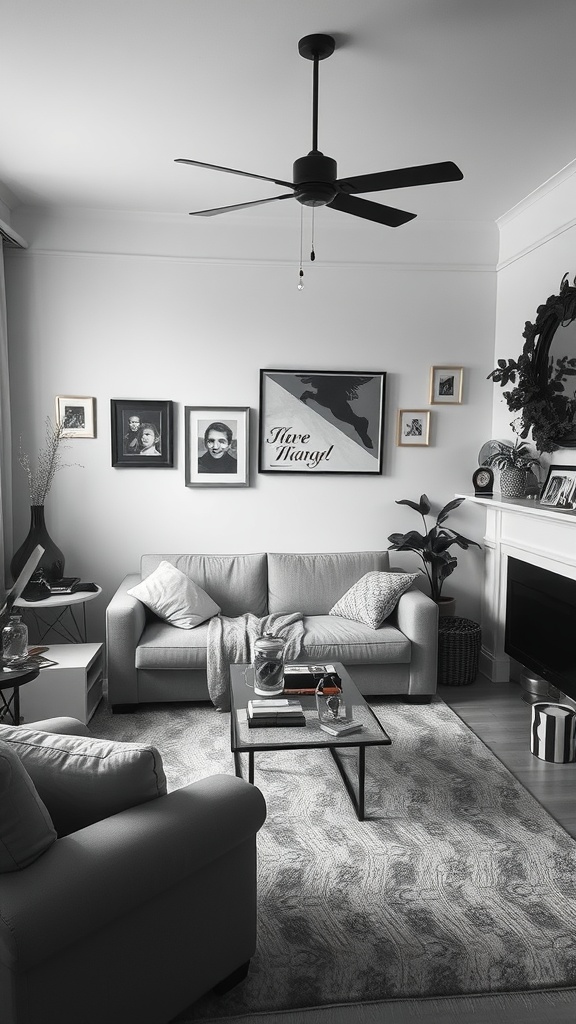 A stylish black and white living room featuring cozy sofas, framed artwork, and decorative plants.