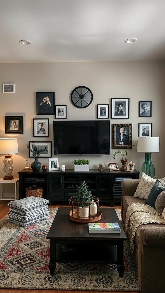 Cozy black living room with personal photos and dark accents