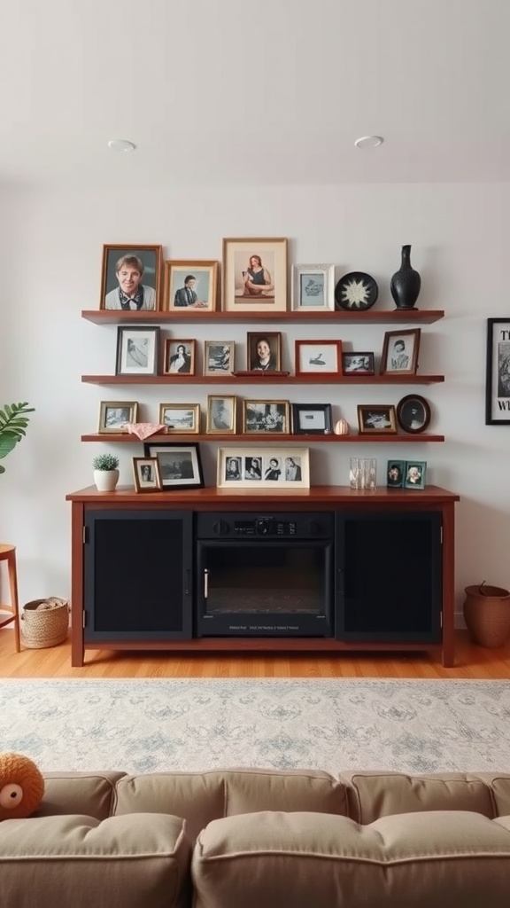 Cozy living room with framed photos on shelves and a comfortable couch