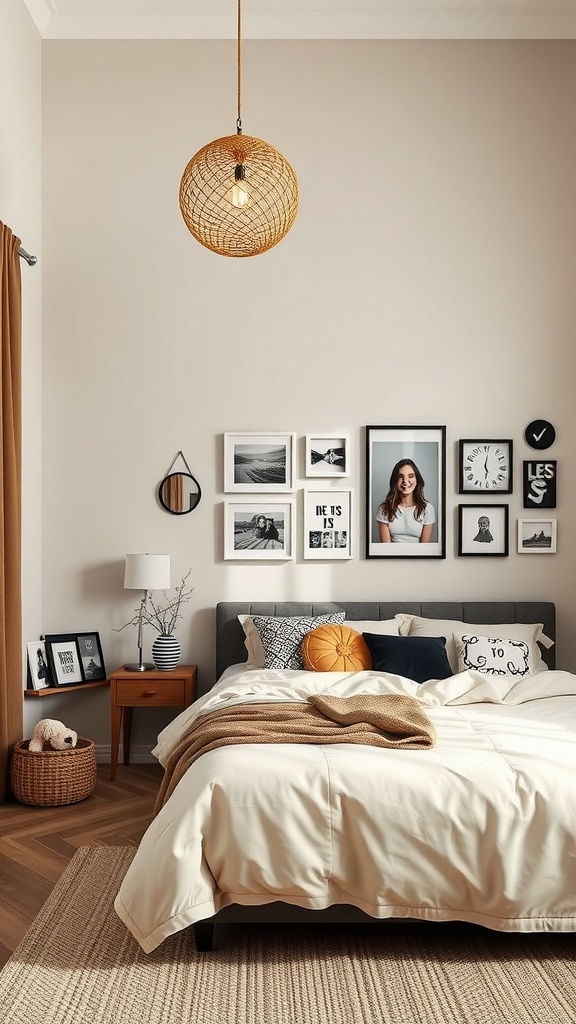 A stylish beige and black bedroom featuring artwork, decorative accessories, and warm lighting.