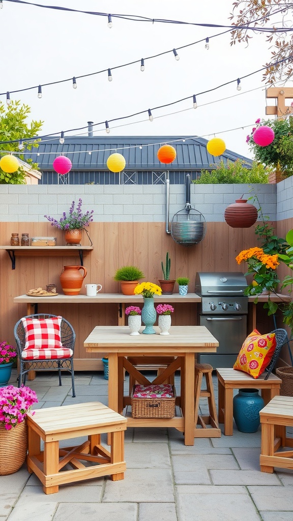 A cozy outdoor kitchen featuring a wooden table, colorful chairs, and vibrant flowers under string lights.