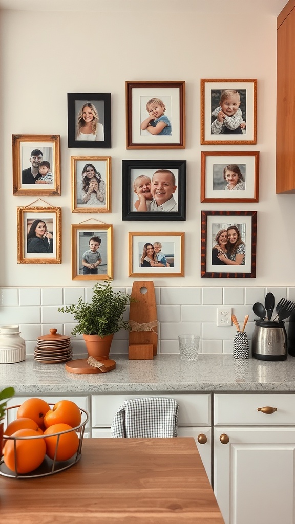 A cozy kitchen with a wall of family photos, a bowl of oranges on the table, and plants on the counter.