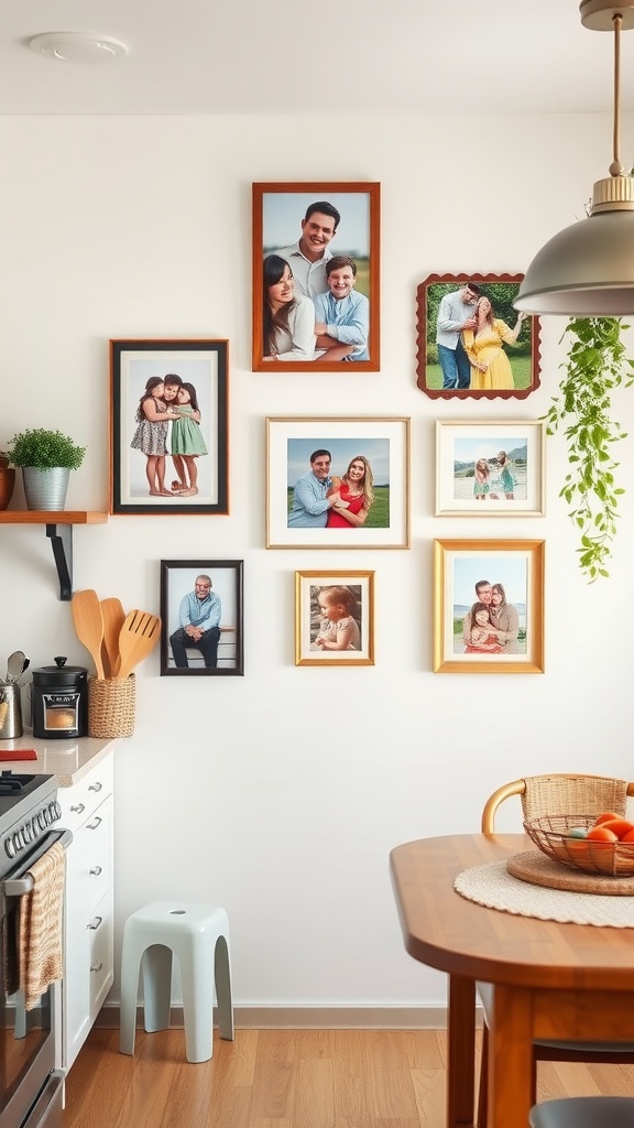 A cozy kitchen wall decorated with family photos in various frames