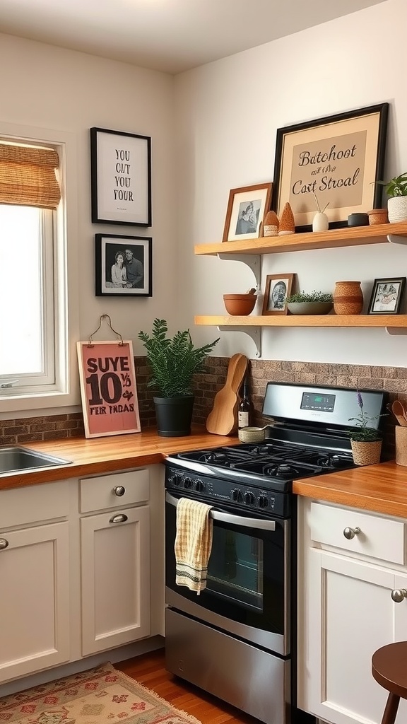 A cozy apartment kitchen featuring wall art, plants, and warm wooden counters.