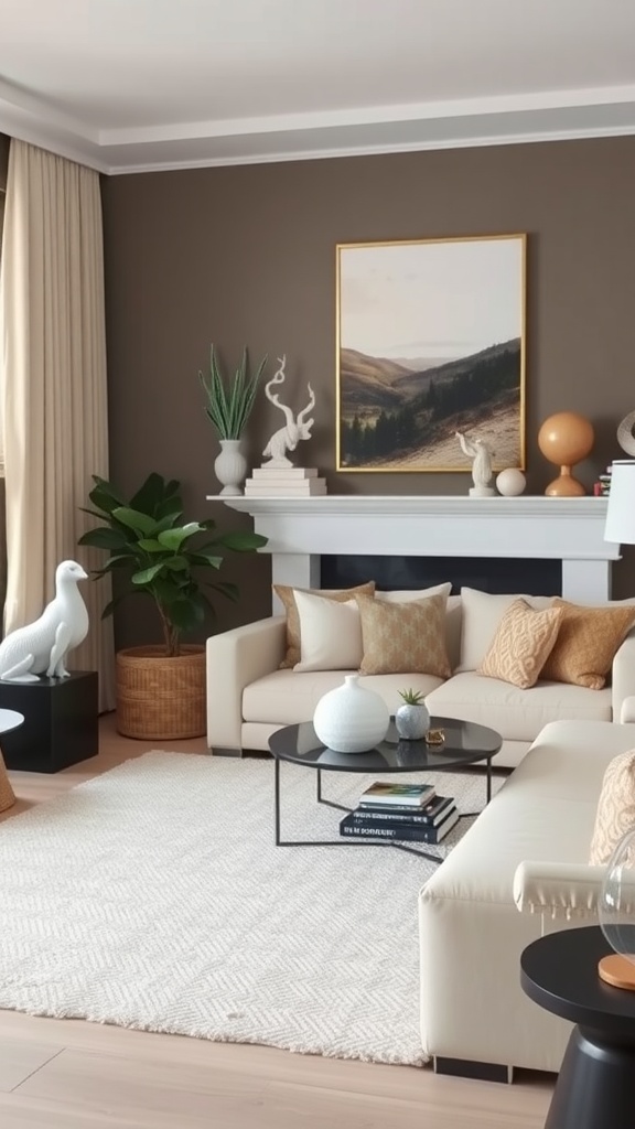 A clean and stylish living room with neutral tones, decorative accents, and plants.
